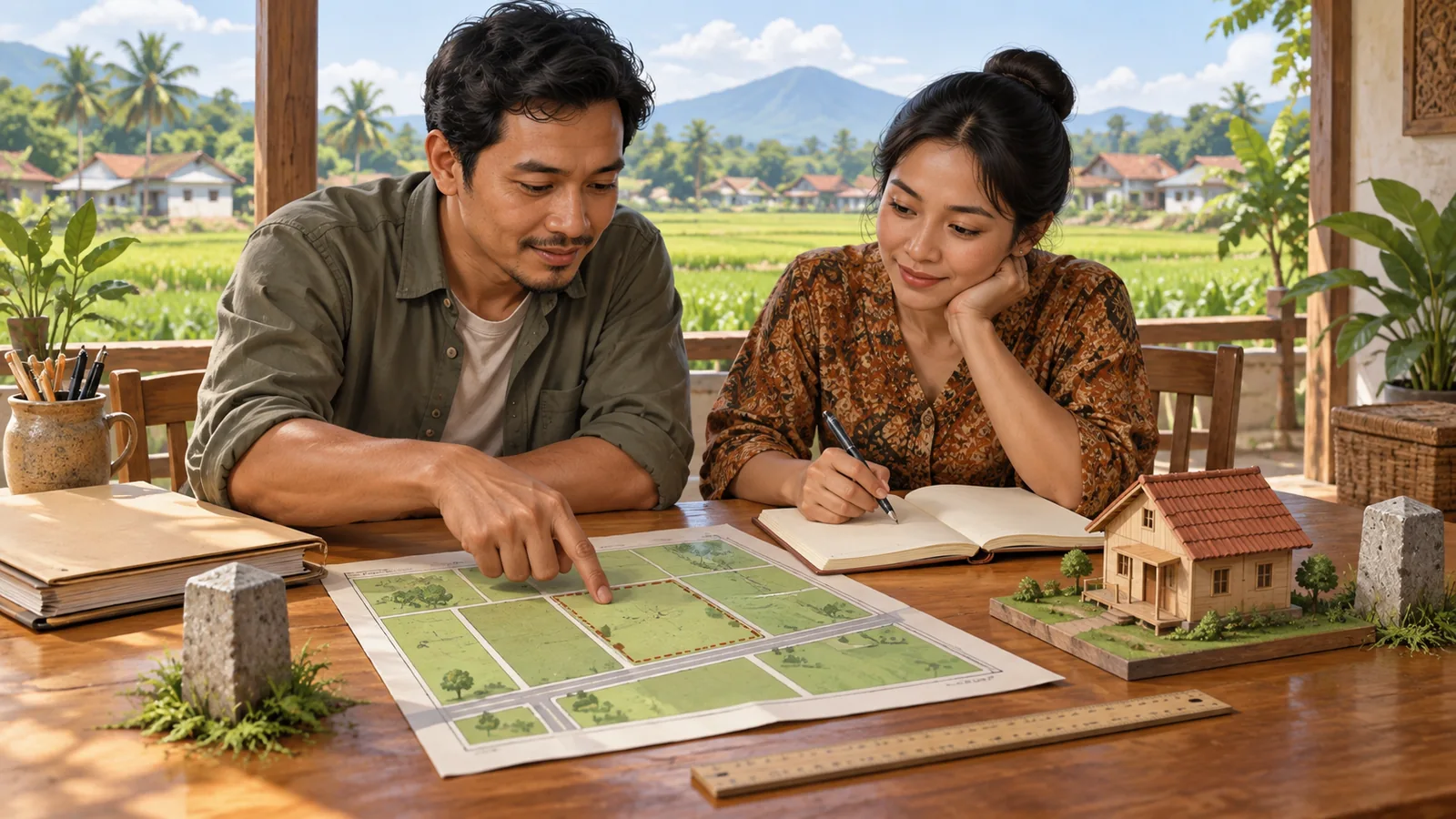 Ilustrasi dua orang mempelajari peta bidang tanah bersama catatan dan model rumah