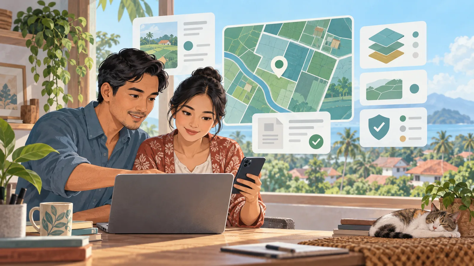 Pasangan meninjau peta dan dokumen pertanahan melalui laptop dan ponsel